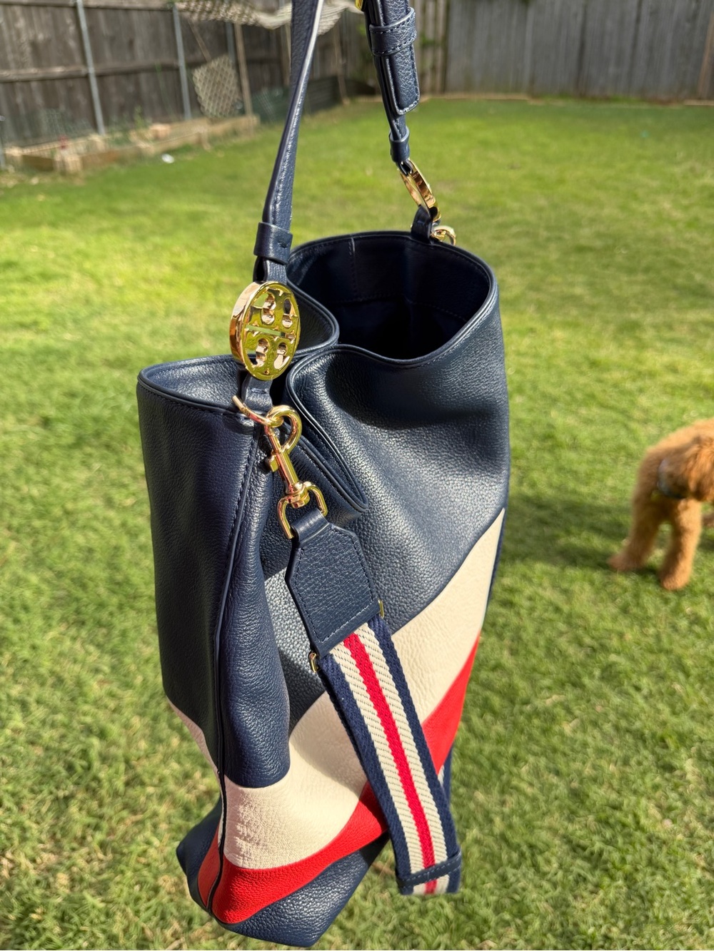 Tory Burch Navy White Red Stripe Leather Hobo Bag - Picture 7 of 13